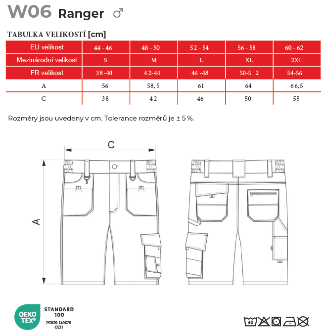 W06 Ranger pracovní šortky pánské Tabulka velikostí